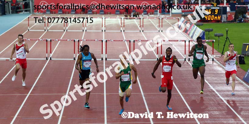 From right ot left: Richard Yates, Annsert Whyte, Jeffery Gibson, Cornel Fredericks winner, Jehue Gordon, Christian Cuevas-Morton and Niall Flannery in the 400 metres hurdles final, 2014 Commonwealth Games, Glasgow. Photo: David T. Hewitson/Sports for All Pics